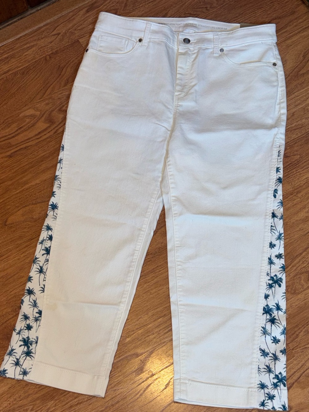 Chico’s White Crop Jeans with Blue Palm-Print Side Panels